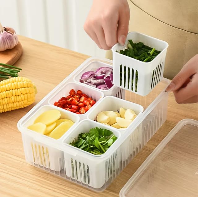 E-COSMOS Fridge Storage Boxes Freezer Storage Containers, Container for Kitchen Storage Set, Storage in Kitchen, Vegetable Storage, Draining Crisper Refrigerator Food Box