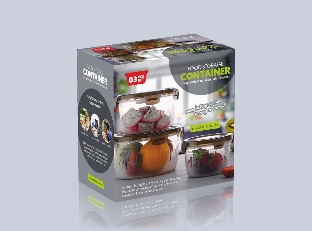 E-COSMOS 3PC Plastic Food Storage Container with Airtight Lid for Kitchen Set of 3 (600ml,1200ml,1800ml) (Brown)