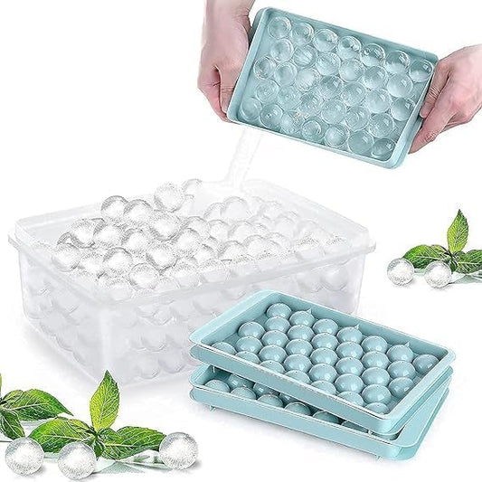 E-COSMOS Plastic Mini Round Ice Cube Tray with Lid | Ice Ball Maker for Fresh Juice, Mocktails, Whiskey, Cocktails, Tea & Coffee | 33 Cavity, Easy Release & Stackable in Freezer | Pack of 2
