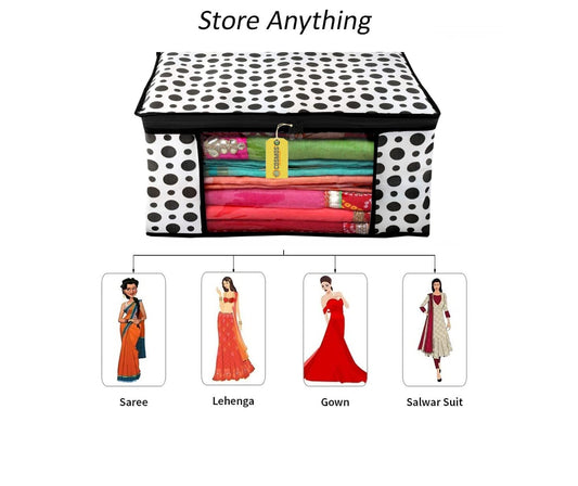 E-COSMOS Dots Design 3 Piece Non Woven Fabric Saree Cover/Clothes Organizer For Wardrobe Set with Transparent Window, Extra Large (Black & White) (Pack Of 4)