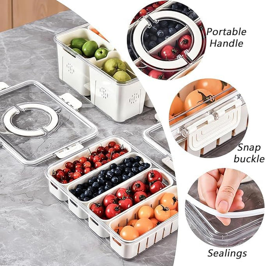 E-COSMOS Ultimate Fridge Storage Solution: 4 Compartment Vegetable Tray with Handle & Lid (Pack Of 1)