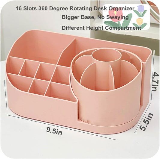 E-COSMOS 360 Degree Rotating Desk Makeup Brush Organizers and Pencil Pen Organizers for Desk Desktop Storage Stationery Supplies Cute Pencil Cup Pot for Office School Home (Peach).