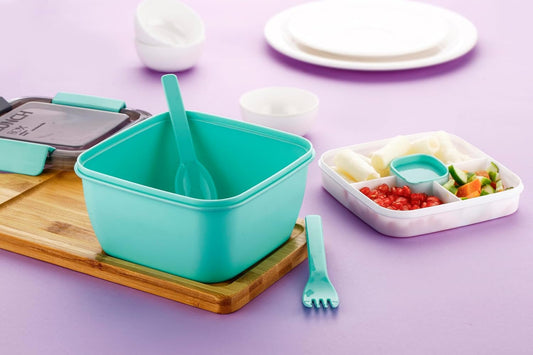 E-COSMOS Square Lunch Box Comes with 2 Compartment, 2 Spolons & BPA Free Plastic Material, Perfect for School, Office, Outdoor,Suitable for Kids and Adults, (Sea Green Color) (1400Ml)