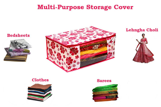 E-COSMOS Flower Design 6 Piece Non Woven Fabric Saree Cover Set with Transparent Window, Extra Large, Pink (Pack of 12)