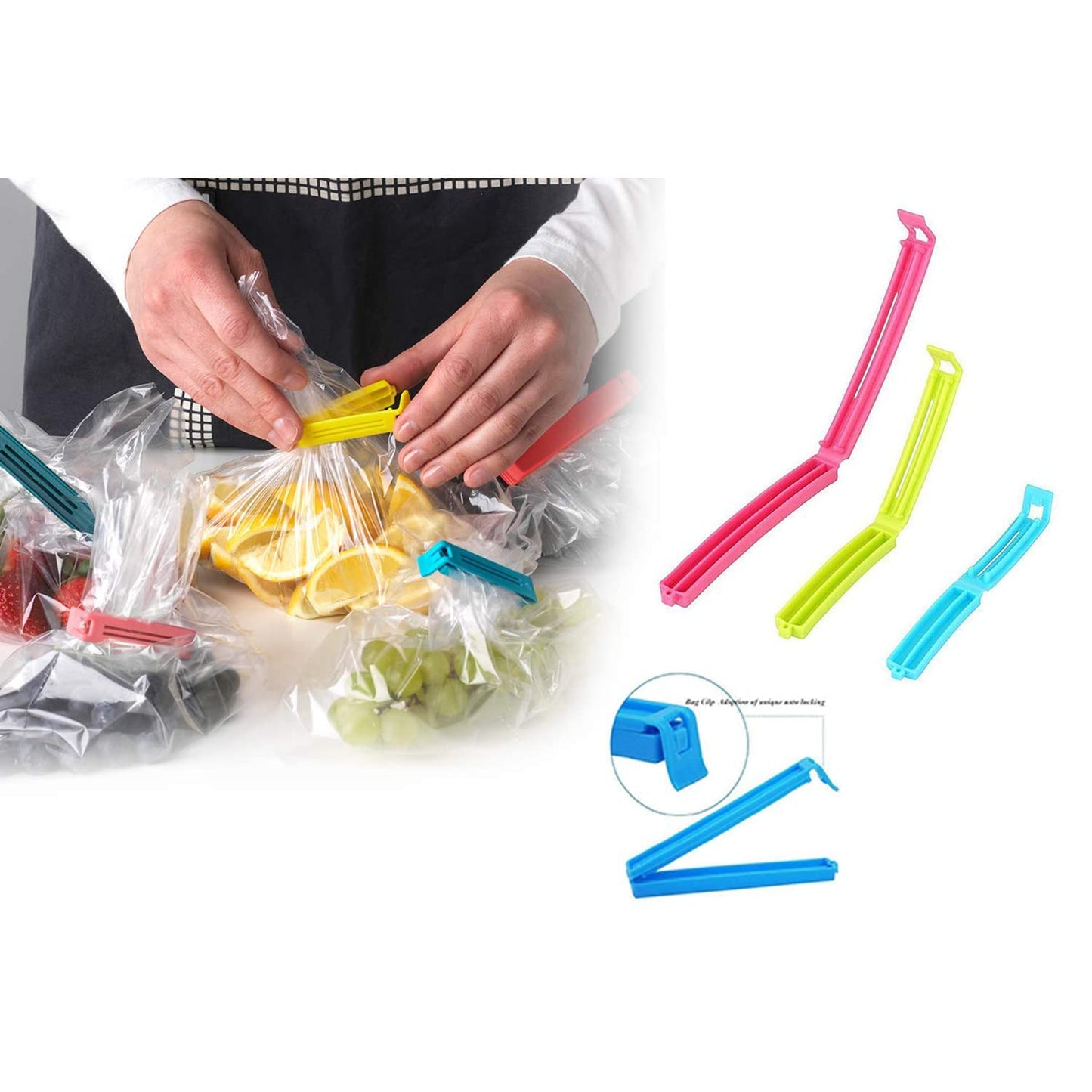 E-Cosmos 18 Pcs - 3 Different Size Plastic Food Snack Bag Pouch Clip Sealer Large, Medium, Small Plastic Snack Seal Sealing Bag Clips Vacuum Sealer (Set of 18, Multi-Color), Mix Size