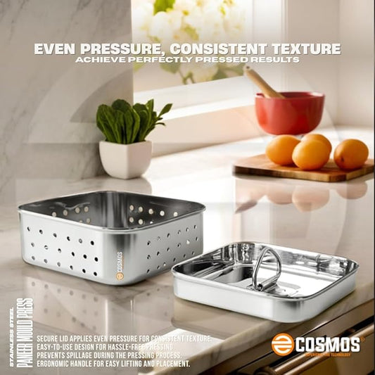 E-COSMOS® Stainless Steel Paneer Maker - Square Mould Press for Fresh Paneer, Tofu & Sprouts | 450ml Kitchen Essential (Square, 450ml)