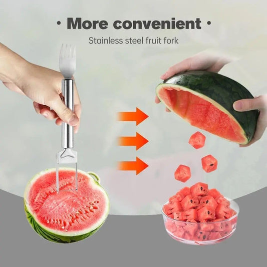 E-COSMOS 2 Pack Watermelon Fork Cutter Slicer Tool, 2-in-1 Stainless Steel Fruit Cutter Melon Slicer Cutter Tool, Watermelon Cutting Tool for Home Party Camping Kitchen Gadget (Pack of 2)