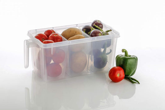 E-COSMOS Plastic Fridge Square Handle Food Storage Organizer Boxes with Lid, Handle and 3 Smaller Bins (Pack of 1, Clear)
