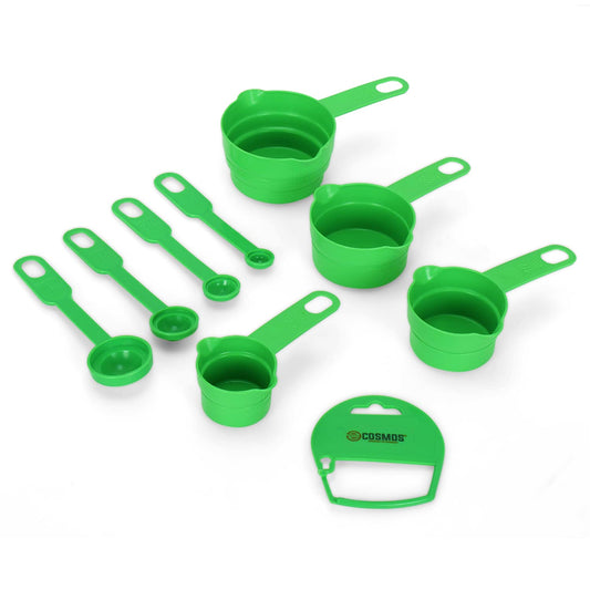 E-COSMOS Measuring Spoon and Cup Set, 8-Pieces (Plastic, Green, Pack of 1), Mix Size (EC-Spoon-Green)