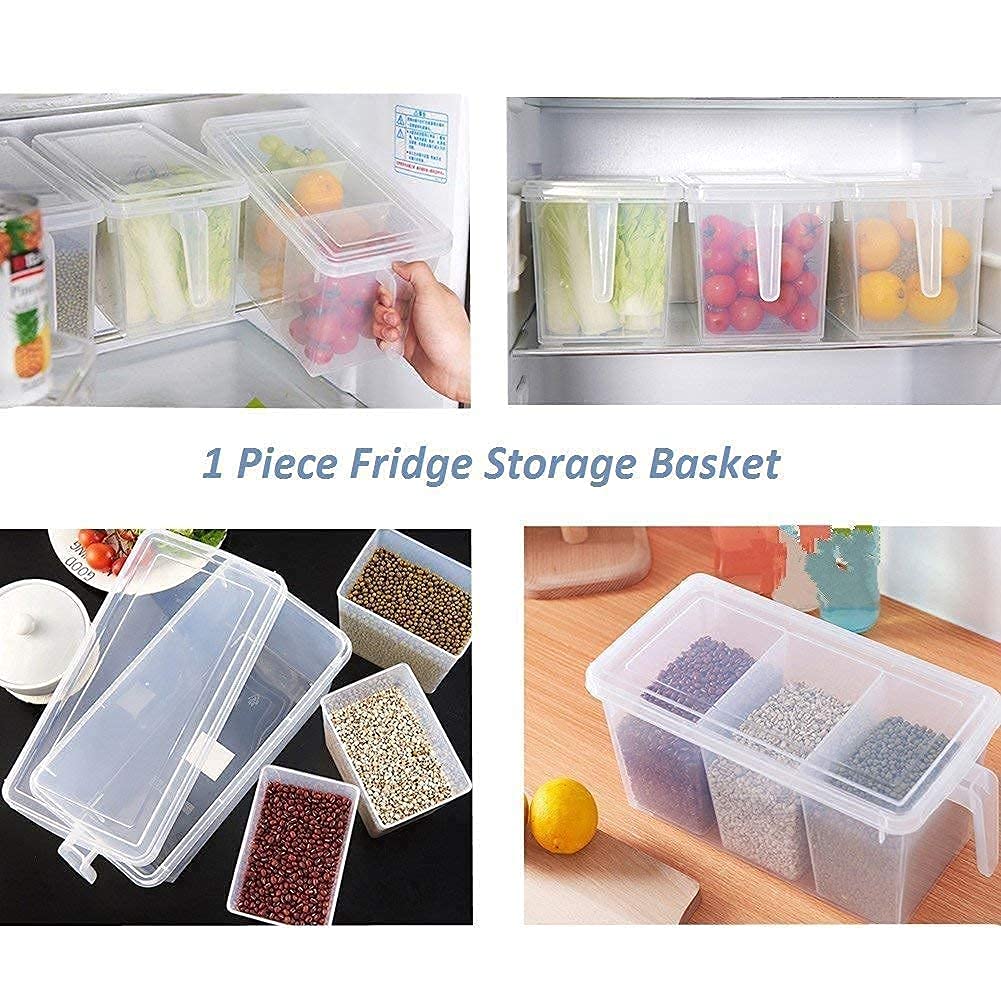 E-COSMOS Plastic Fridge Square Handle Food Storage Organizer Boxes with Lid, Handle and 3 Smaller Bins (Pack of 1, Clear)
