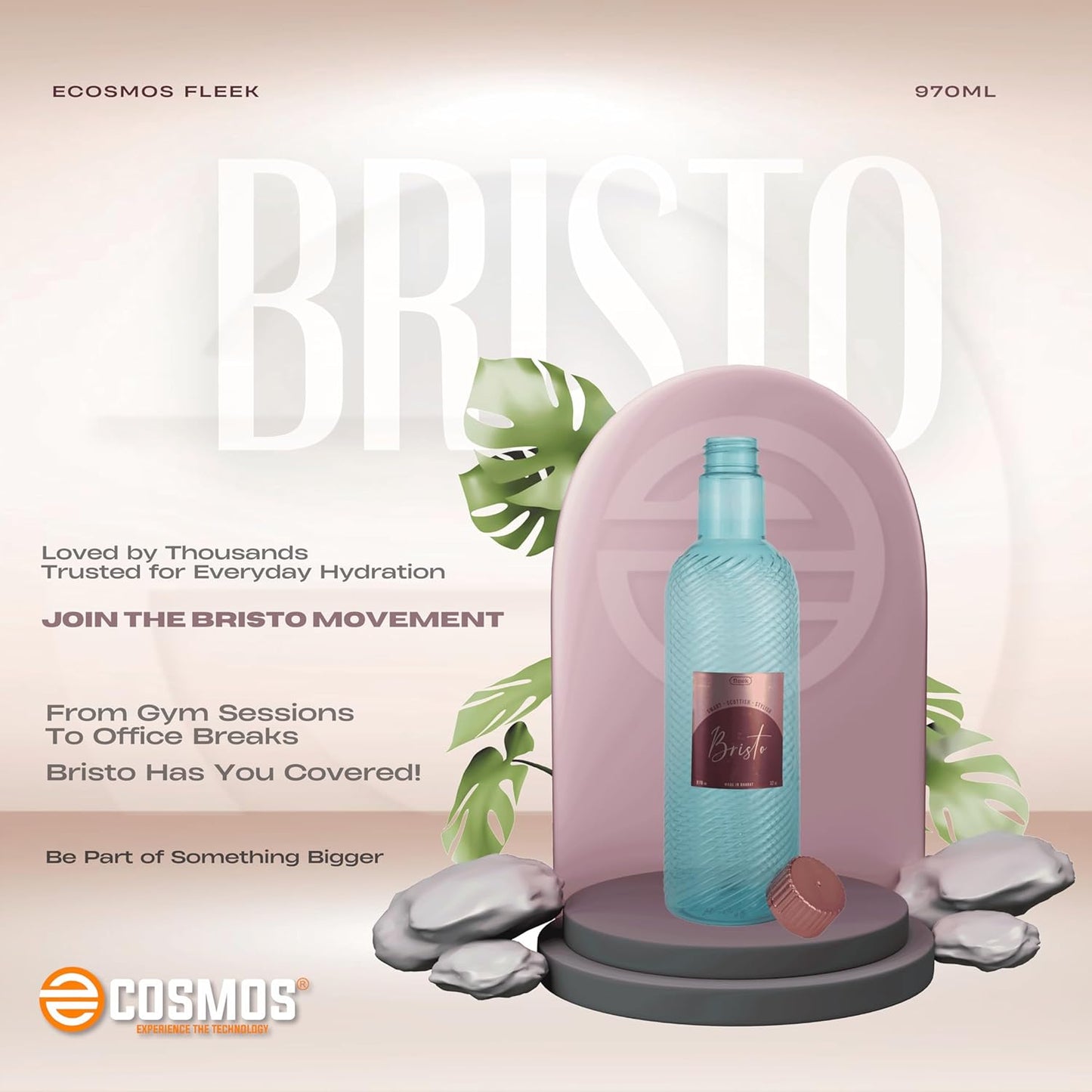 E-COSMOS 970ml Water Bottle - Reusable BPA-Free Fridge Bottle, Durable & Leak Proof for Travel & Work (Bristo) (Assorted) (POF 2)