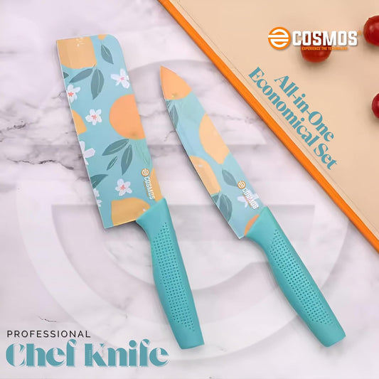 E-COSMOS Professional 3-Piece Kitchen Knife Set - High Carbon Stainless Steel Chef, Utility & Santoku Knives with Ergonomic Blue Handles (3PC) Blue