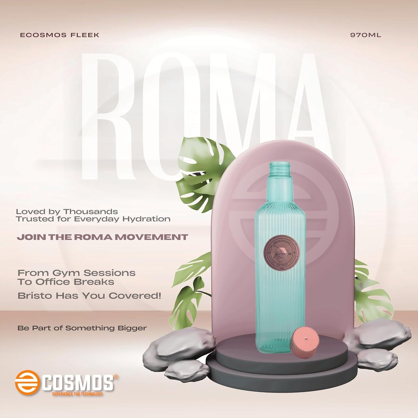 E-COSMOS 970ml Water Bottle - Reusable BPA-Free Fridge Bottle, Durable & Leak Proof for Travel & Work (Roma) (Assorted) POF 1