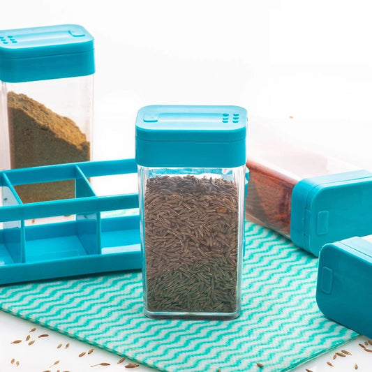 E-Cosmos Kitchen 4 Pcs Sets Airtight Rasoi Box Spice Storage Jar Masala Box Spice Container Idle for, Easy Flow Spice Storage Container with Tray
