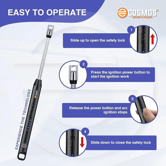 E-COSMOS Electric Lighter for Candles Rechargeable Electric Gas Home Use Candle Plasma Flameless Windproof USB 360° Flexible Neck Arc (Multicolor)