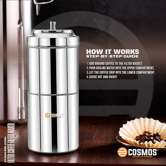 E-COSMOS Durable Stainless Steel Coffee Decoction Maker - 200ml Capacity for Making 2-4 Cups of Traditional Filter Coffee (Pack of 1, Steel)