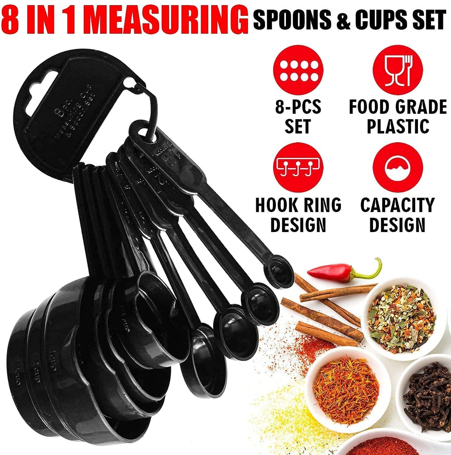 E-COSMOS Plastic Measuring Spoon and Cup Set, 8-Pieces (Black, Pack of 1), Mix Size (EC-Cup-Black)