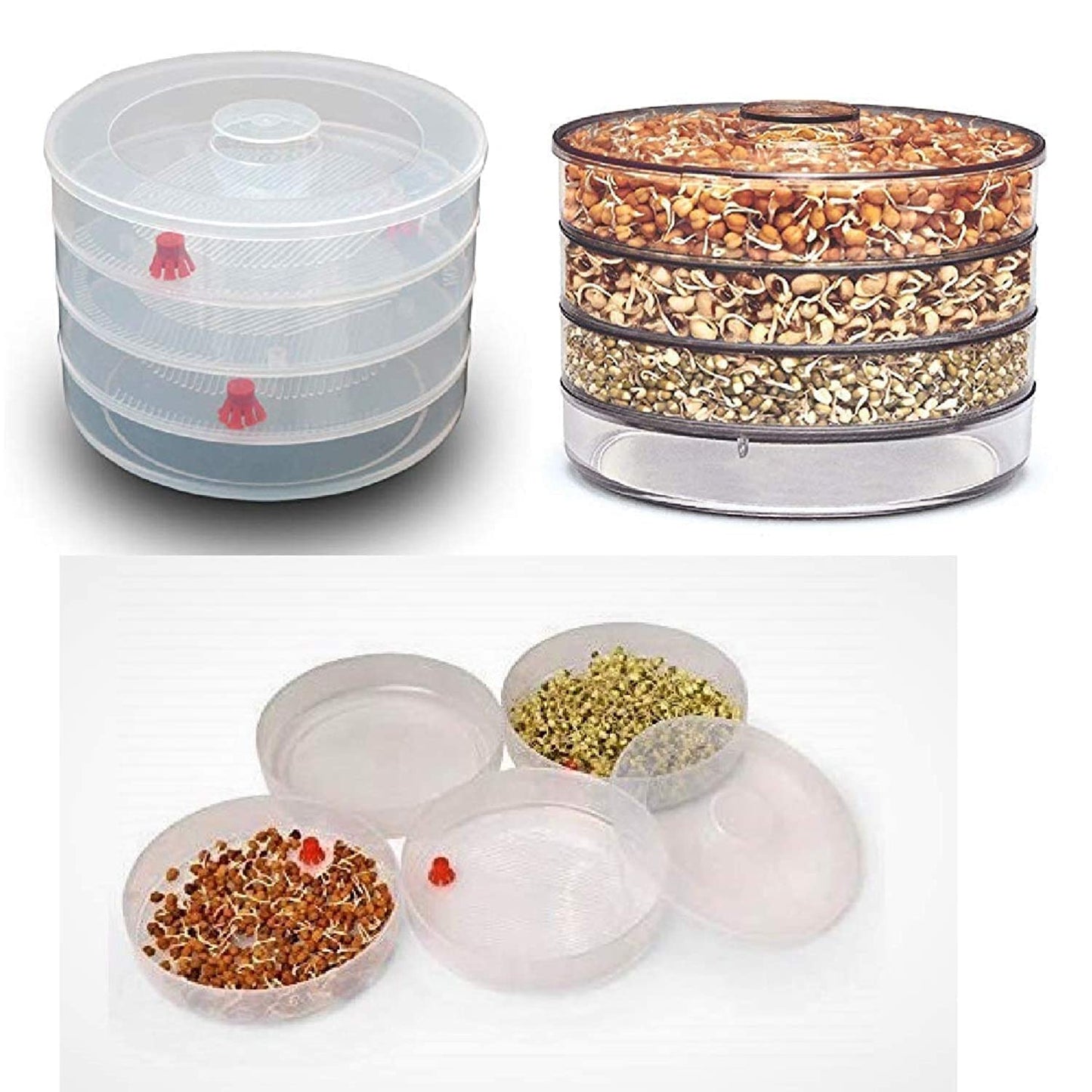 E-COSMOS Sprout Maker with 4 Compartments for Multi Purpose Use - Plastic Grocery Container Sprouted Grains Seeds Dal Channa Chole Ragi Organic Sprouting Jar (500ml,4-Layer)