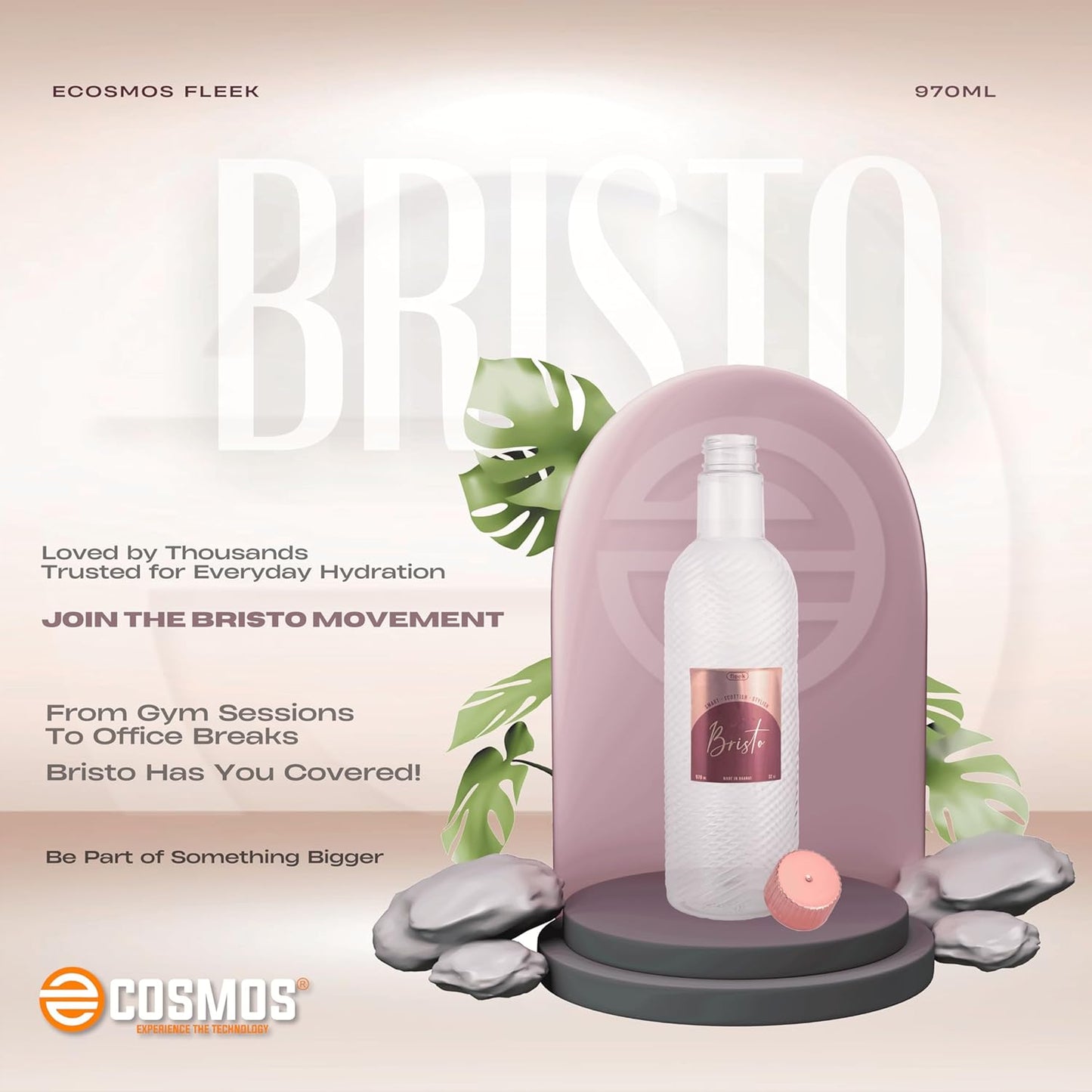 E-COSMOS 970ml Water Bottle - Reusable BPA-Free Fridge Bottle, Durable & Leak Proof for Travel & Work (Bristo) (Assorted) POF 1