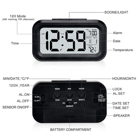 E-COSMOS Alarm Clock Digital Clock, Table Clock, Alarm for Students, Digital Alarm Clock, Clock for Study Table, Digital Clock for Table,Temperature Sensor & Date (14W x 8H cm) (Black Digital)