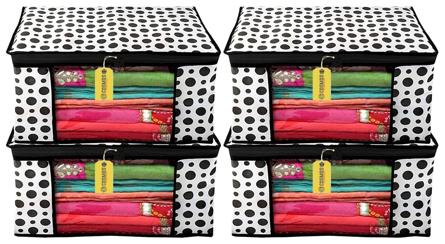 E-COSMOS Dots Design 3 Piece Non Woven Fabric Saree Cover/Clothes Organizer For Wardrobe Set with Transparent Window, Extra Large (Black & White) (Pack Of 4)