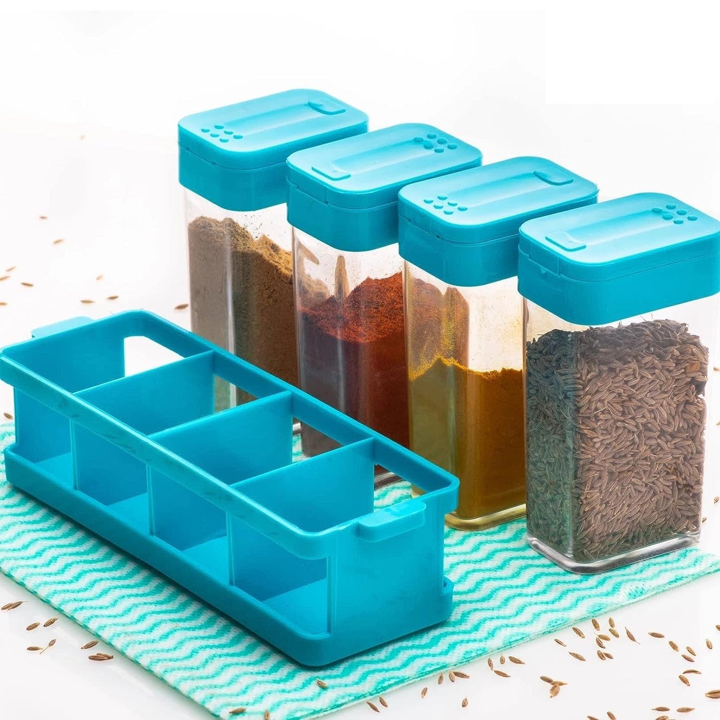 E-Cosmos Kitchen 4 Pcs Sets Airtight Rasoi Box Spice Storage Jar Masala Box Spice Container Idle for, Easy Flow Spice Storage Container with Tray