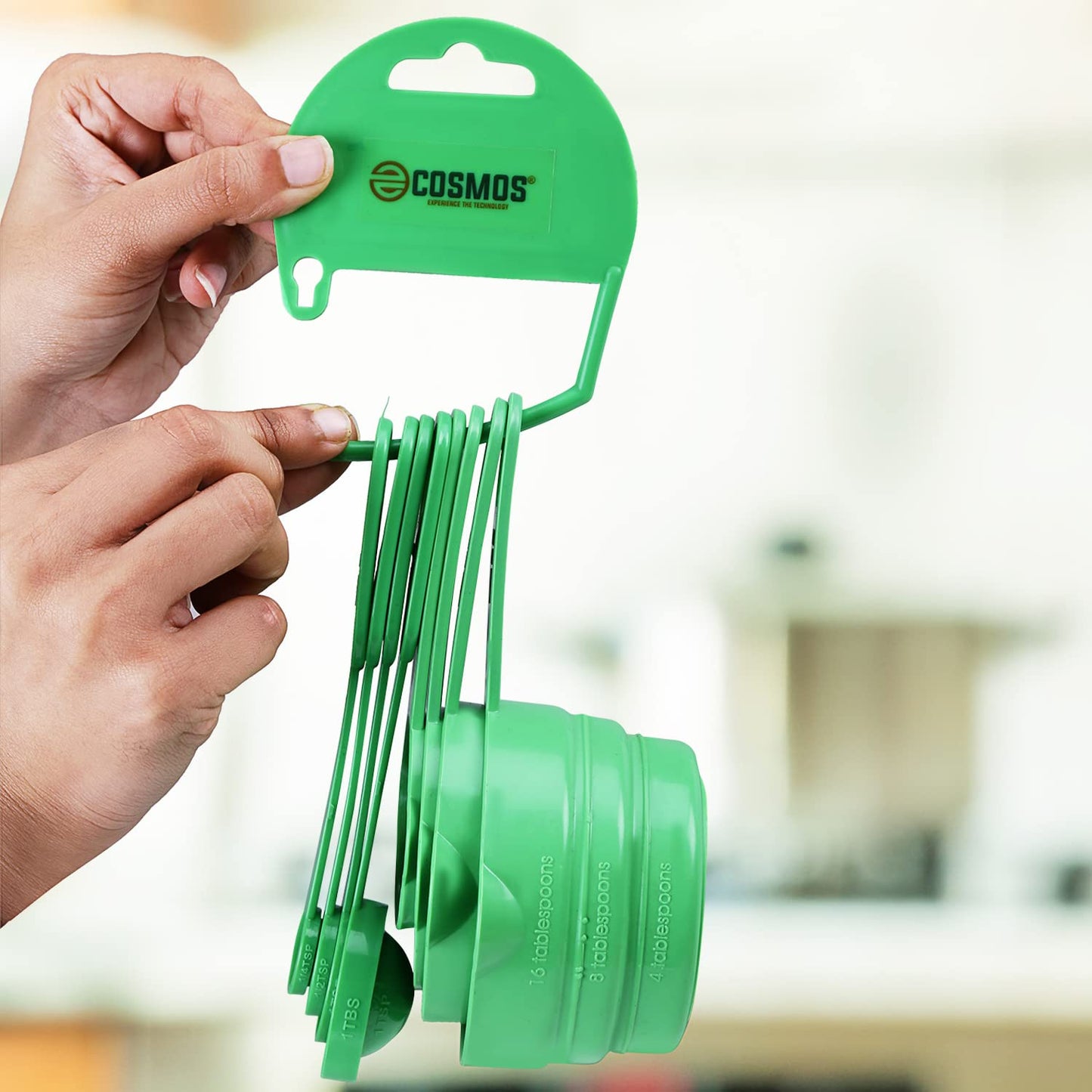 E-COSMOS Measuring Spoon and Cup Set, 8-Pieces (Plastic, Green, Pack of 1), Mix Size (EC-Spoon-Green)