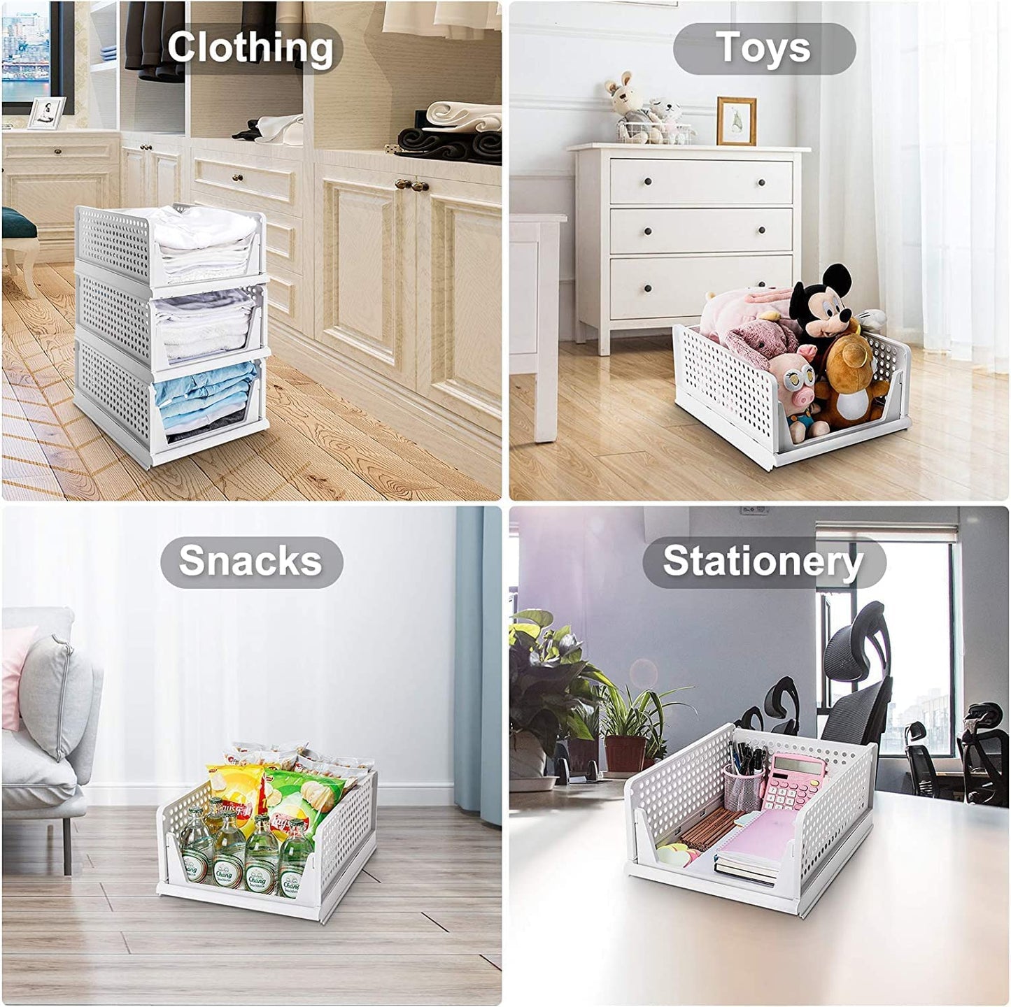 E-COSMOS Foldable & Stackable Storage Organizer | Kitchen Organizer | Wardrobe Organizer | Office Desk Organizer | Cosmetic Items Organizer | Plastic Tray Baskets (3 Large) (Pack Of 3 Pcs. (Large))