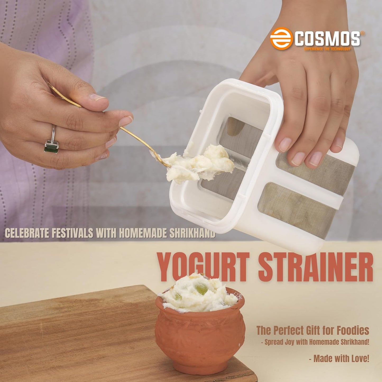 E-COSMOS Greek Yogurt & Hung Curd - 1100ml Fine Mesh Strainer with Lid | Multifunctional Yogurt Filter | Curd Maker for Home | Perfect for Homemade Yogurt, Curd, Cheese Maker (Greek Yogurt Maker)