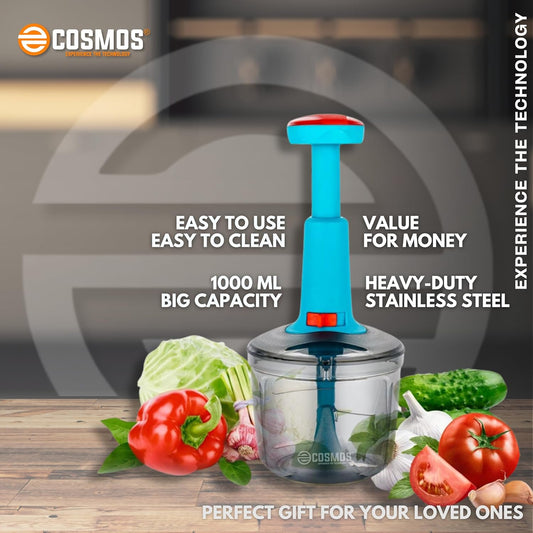 E-COSMOS Food Chopper Manual Hand-Press (Red & Tarquise 1000ml)