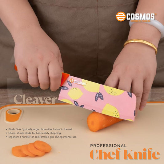 E-COSMOS Professional 3-Piece Kitchen Knife Set - High Carbon Stainless Steel Chef, Utility & Santoku Knives with Ergonomic Blue Handles (3PC) (Red)