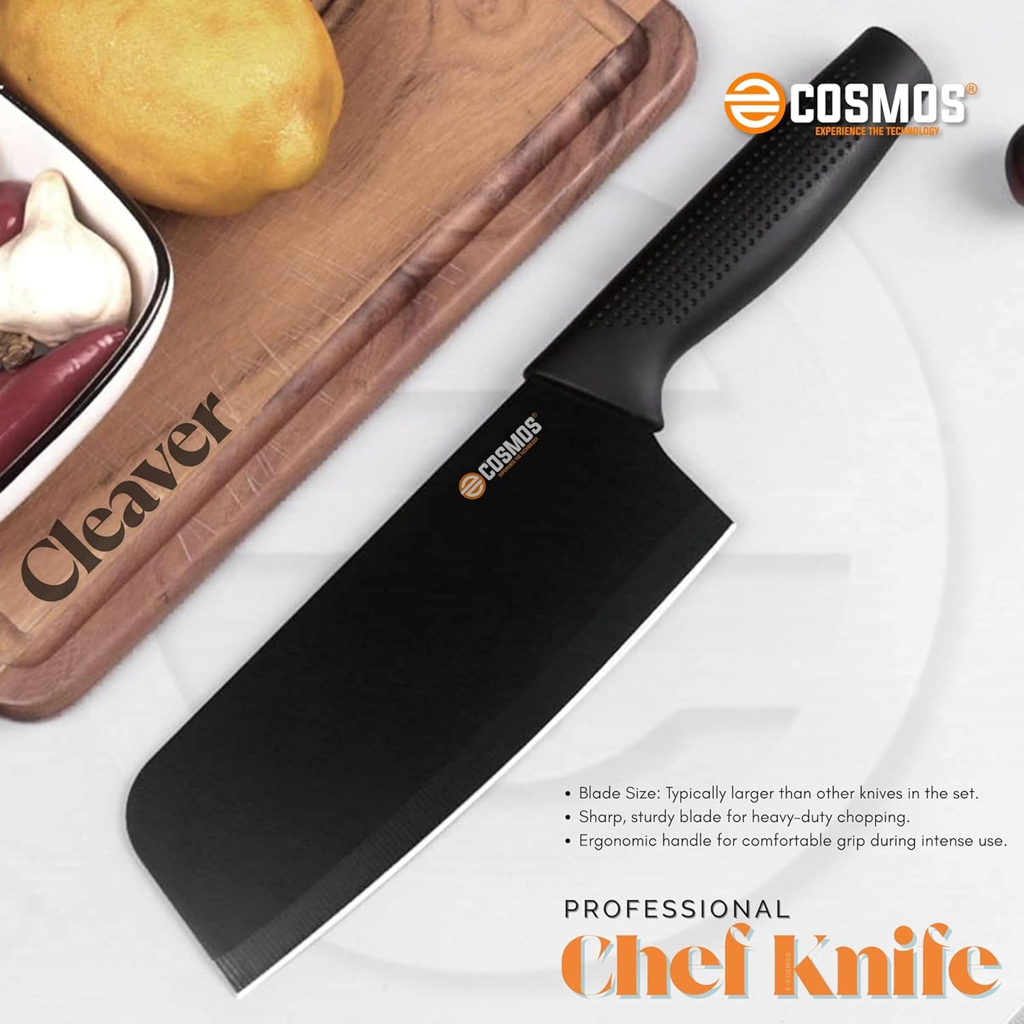 E-COSMOS Professional 3-Piece Kitchen Knife Set - High Carbon Stainless Steel Chef, Utility & Santoku Knives with Ergonomic Blue Handles (3PC) (Black)