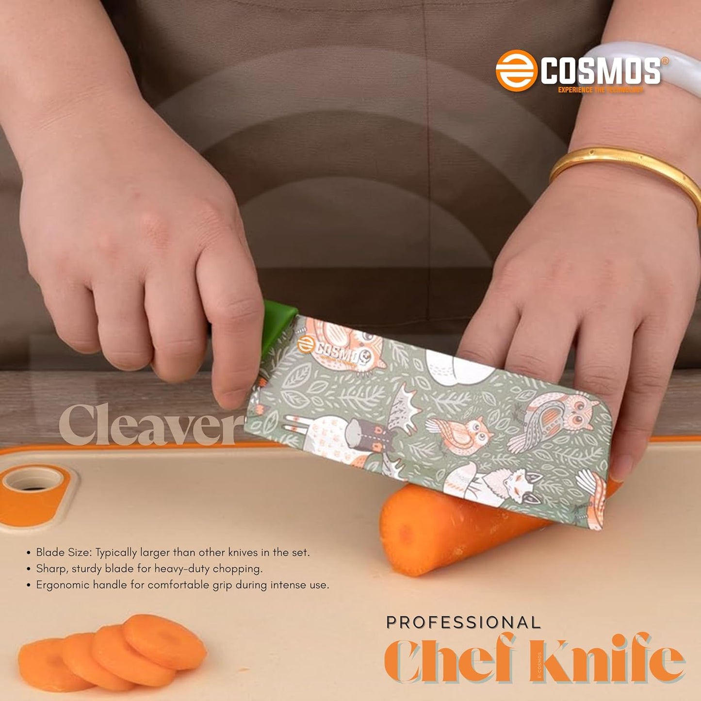 E-COSMOS Professional 3-Piece Kitchen Knife Set - High Carbon Stainless Steel Chef, Utility & Santoku Knives with Ergonomic Blue Handles (3PC) (Green)