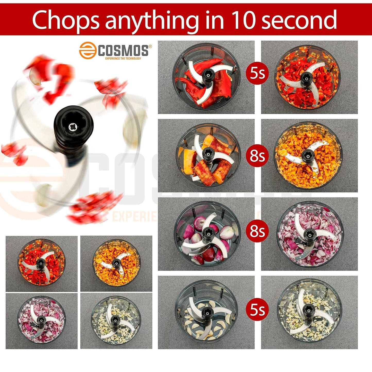 E-COSMOS Food Chopper Manual Hand-Press (Red & Tarquise 900ml with Mixi Blade)