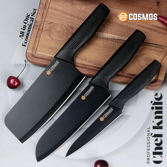 E-COSMOS Professional 3-Piece Kitchen Knife Set - High Carbon Stainless Steel Chef, Utility & Santoku Knives with Ergonomic Blue Handles (3PC) (Black)
