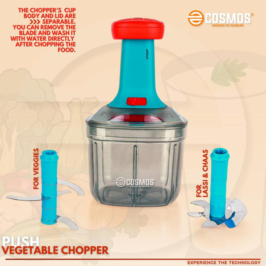 E-COSMOS Food Chopper Manual Hand-Press (Red & Tarquise 900ml with Mixi Blade)