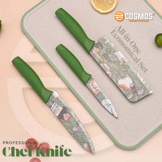E-COSMOS Professional 3-Piece Kitchen Knife Set - High Carbon Stainless Steel Chef, Utility & Santoku Knives with Ergonomic Blue Handles (3PC) (Green)