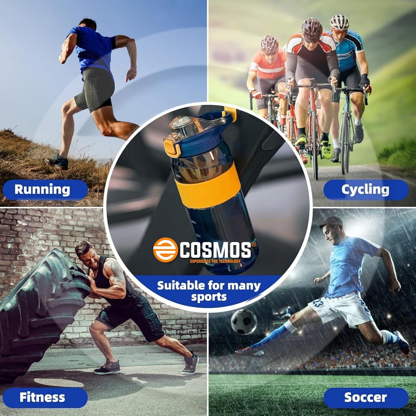 E-COSMOS 1600 ML Water Bottle & 54 OZ with Travel Mug & Straw | Leak-Proof, BPA-Free, Non-Toxic Water Bottle for Gym, Office, Outdoor | Portable Sports Bottle for Men & Women(Blue)