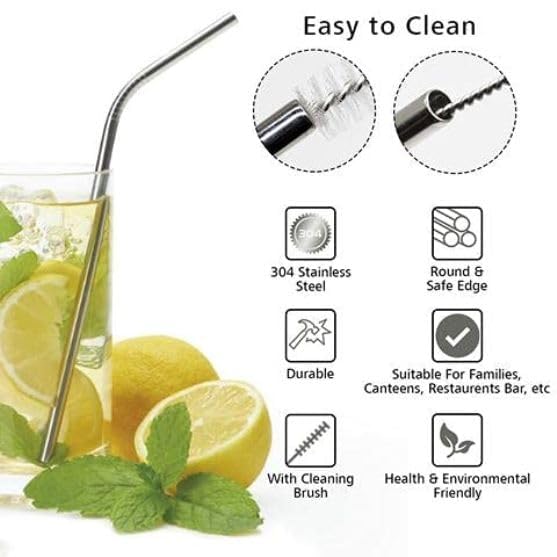 E-COSMOS Reusable Stainless Steel Straws for Drinking with Brushes 8.5 Inches BPA-Free Metal, Thick, Long (2 Bent + 2 Straight +1 Brush)