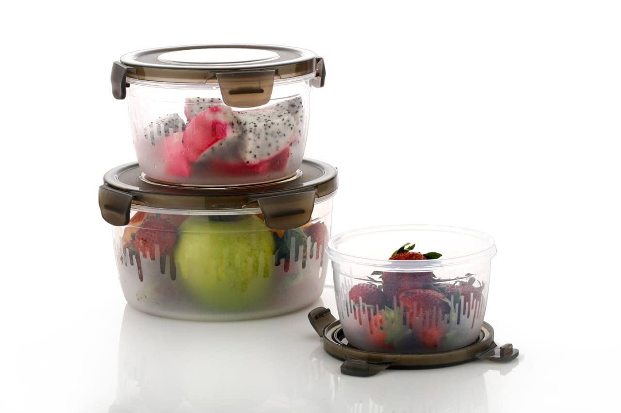 E-COSMOS 3PC Plastic Food Storage Container with Airtight Lid for Kitchen Set of 3 (600ml,1200ml,1800ml) (Brown)