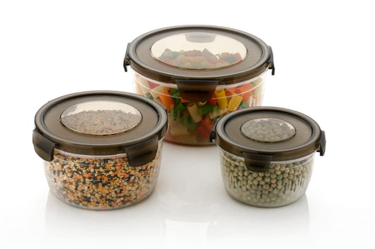 E-COSMOS 3PC Plastic Food Storage Container with Airtight Lid for Kitchen Set of 3 (600ml,1200ml,1800ml) (Brown)