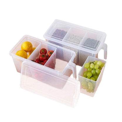E-COSMOS Plastic Fridge Square Handle Food Storage Organizer Boxes with Lid, Handle and 3 Smaller Bins (Pack of 1, Clear)