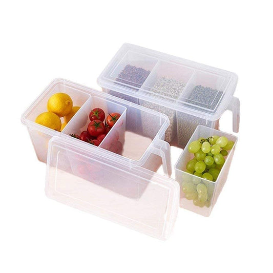 E-COSMOS Plastic Fridge Square Handle Food Storage Organizer Boxes with Lid, Handle and 3 Smaller Bins (Pack of 1, Clear)