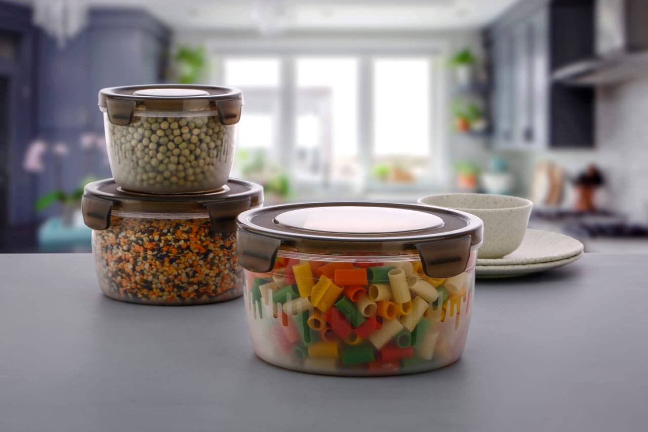 E-COSMOS 3PC Plastic Food Storage Container with Airtight Lid for Kitchen Set of 3 (600ml,1200ml,1800ml) (Brown)
