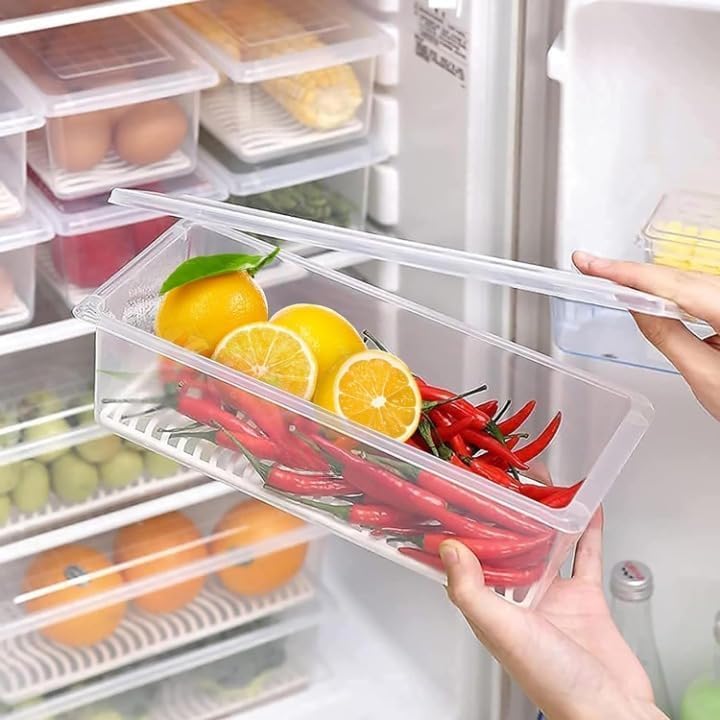 E-COSMOS Fridge Storage Boxes Pack Of 6 With Removable Drain Plate And Airtight Lid (1500ml)