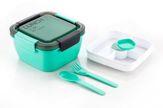 E-COSMOS Square Lunch Box Comes with 2 Compartment, 2 Spolons & BPA Free Plastic Material, Perfect for School, Office, Outdoor,Suitable for Kids and Adults, (Sea Green Color) (1400Ml)
