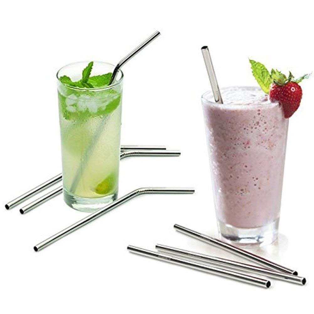 E-COSMOS Reusable Stainless Steel Straws for Drinking with Brushes 8.5 Inches BPA-Free Metal, Thick, Long (2 Bent + 2 Straight +1 Brush)