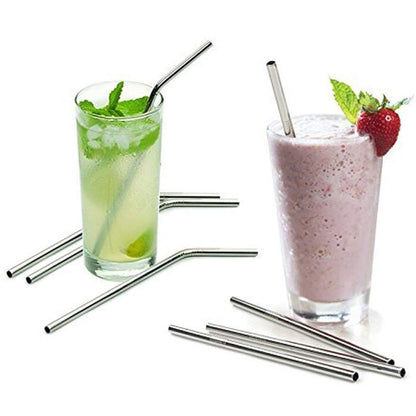 E-COSMOS Reusable Stainless Steel Straws for Drinking with Brushes 8.5 Inches BPA-Free Metal, Thick, Long (2 Bent + 2 Straight +1 Brush)