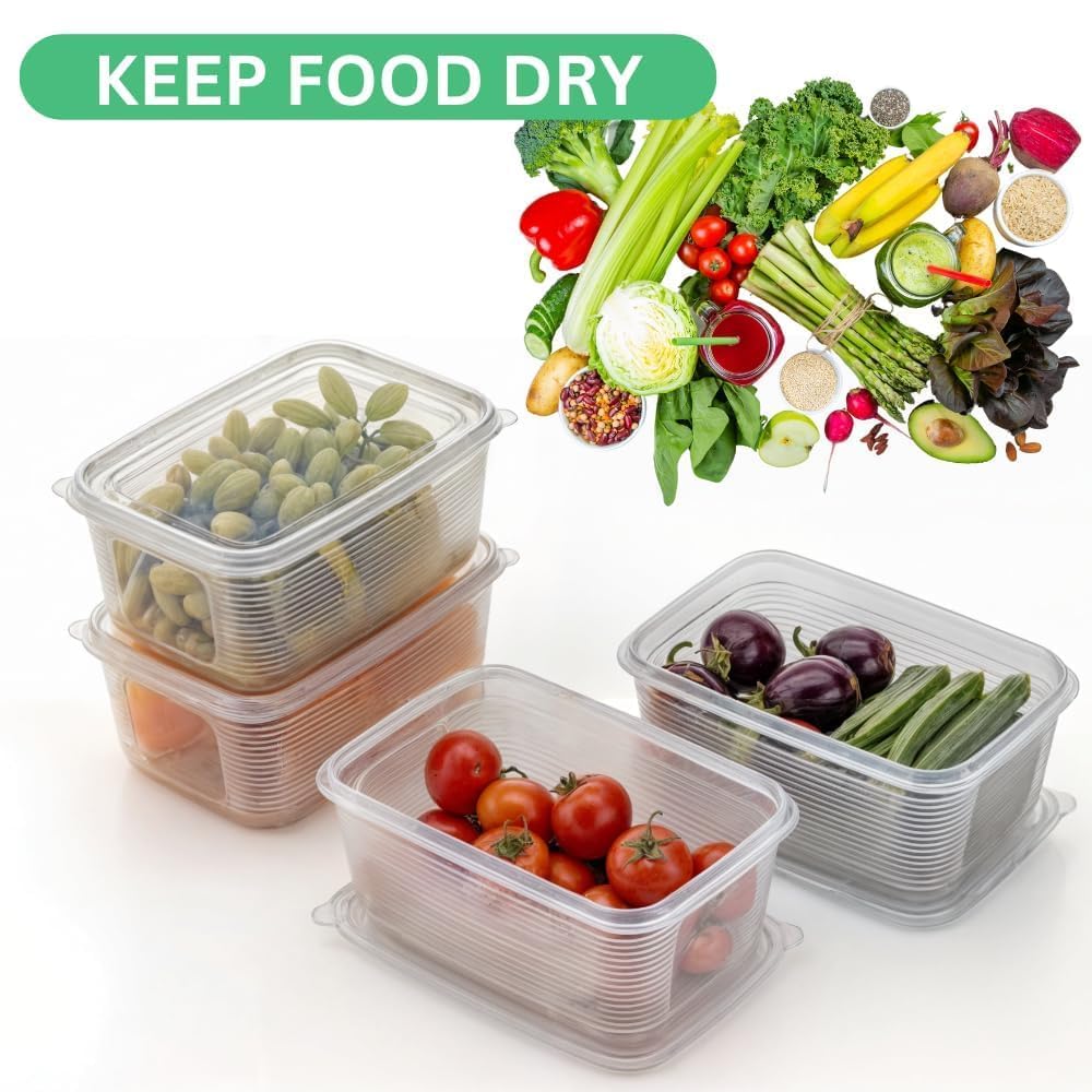 E-COSMOS Fridge Storage Boxes Pack Of 6 With Removable Drain Plate And Airtight Lid (1500ml)