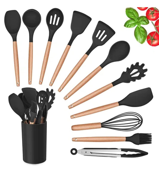 E-COSMOS Stylish Silicone Cooking & Baking Utensil Set - 12 Pcs Non-Stick Kitchen Tools with Wooden Handles - Eco-Friendly, BPA-Free & Heat Resistant (Black)